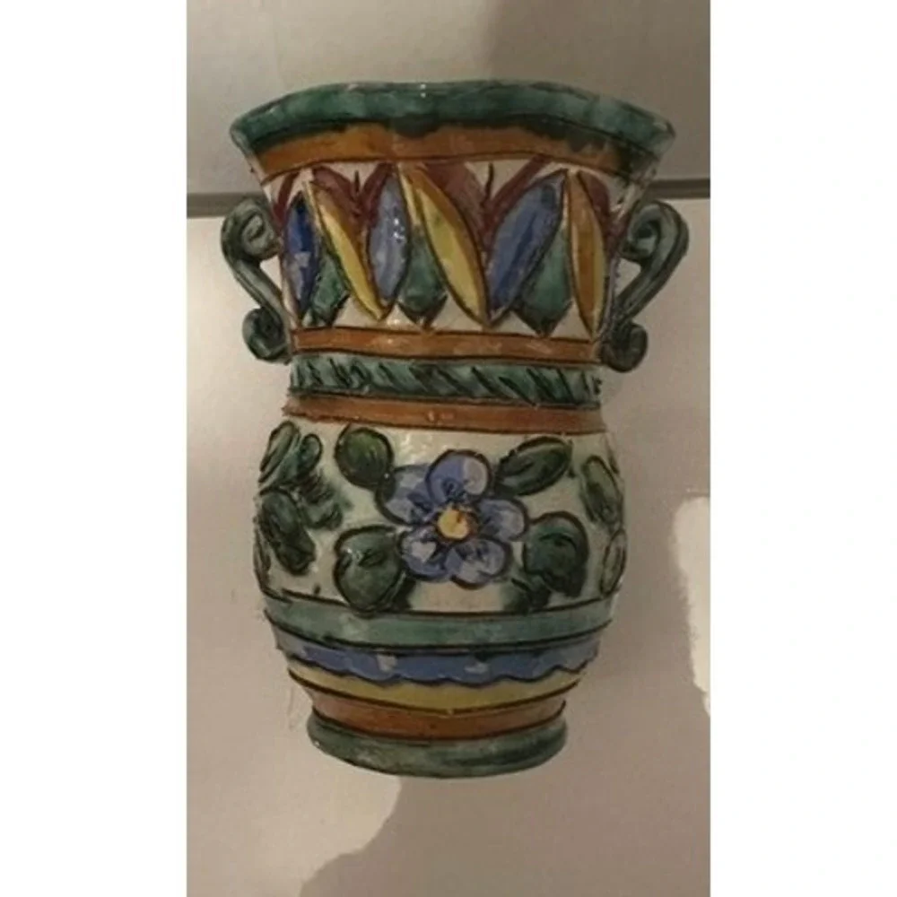 Vintage Italian Majolica Pottery Wall Pocket Hand Painted Floral Ceramic Vase